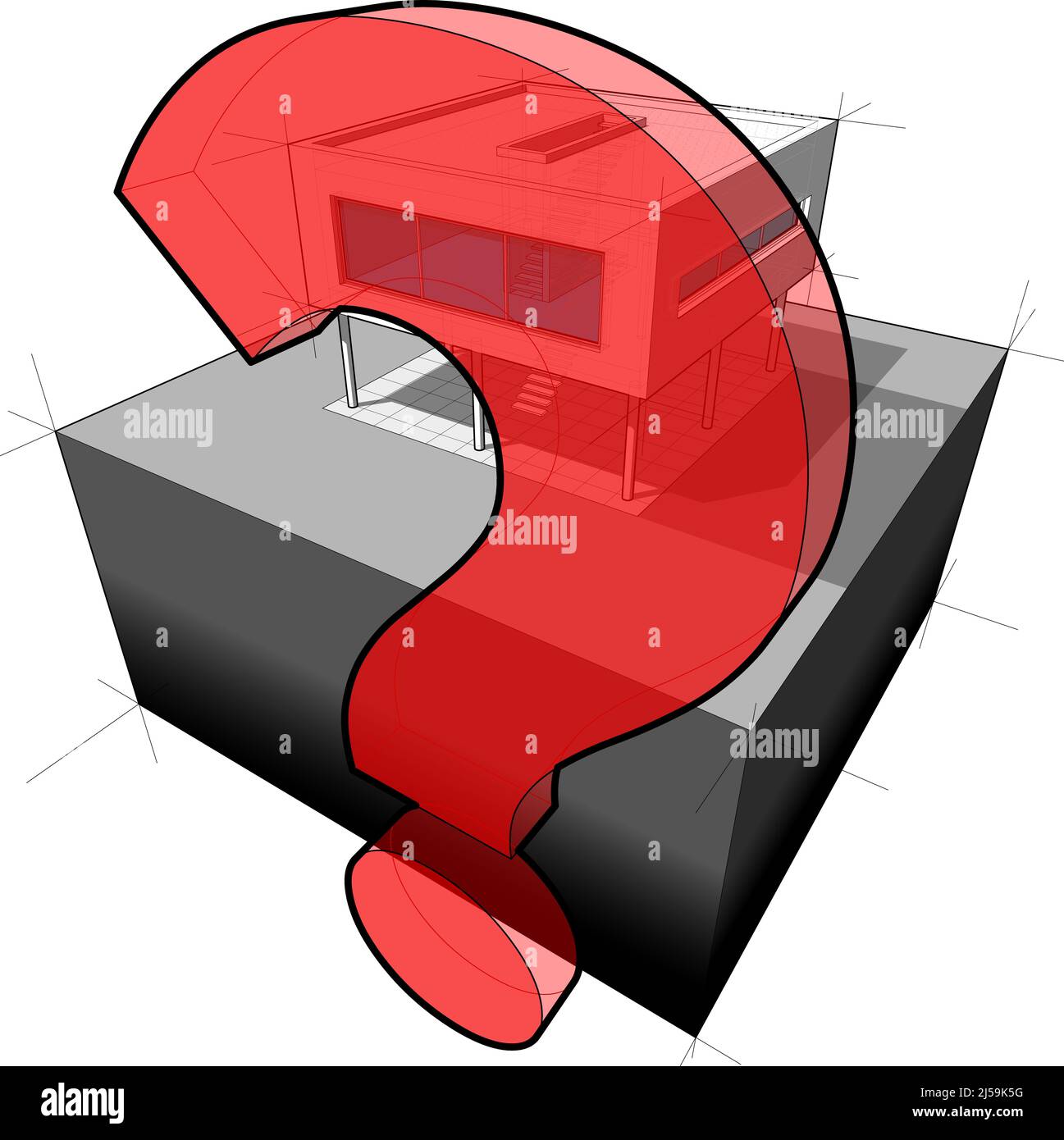 Diagramm eines modernen Hauses und Fragezeichen (ein weiteres Hausdiagramm aus der Sammlung, alle haben den gleichen Standpunkt/Winkel/Perspektive) Stockfoto