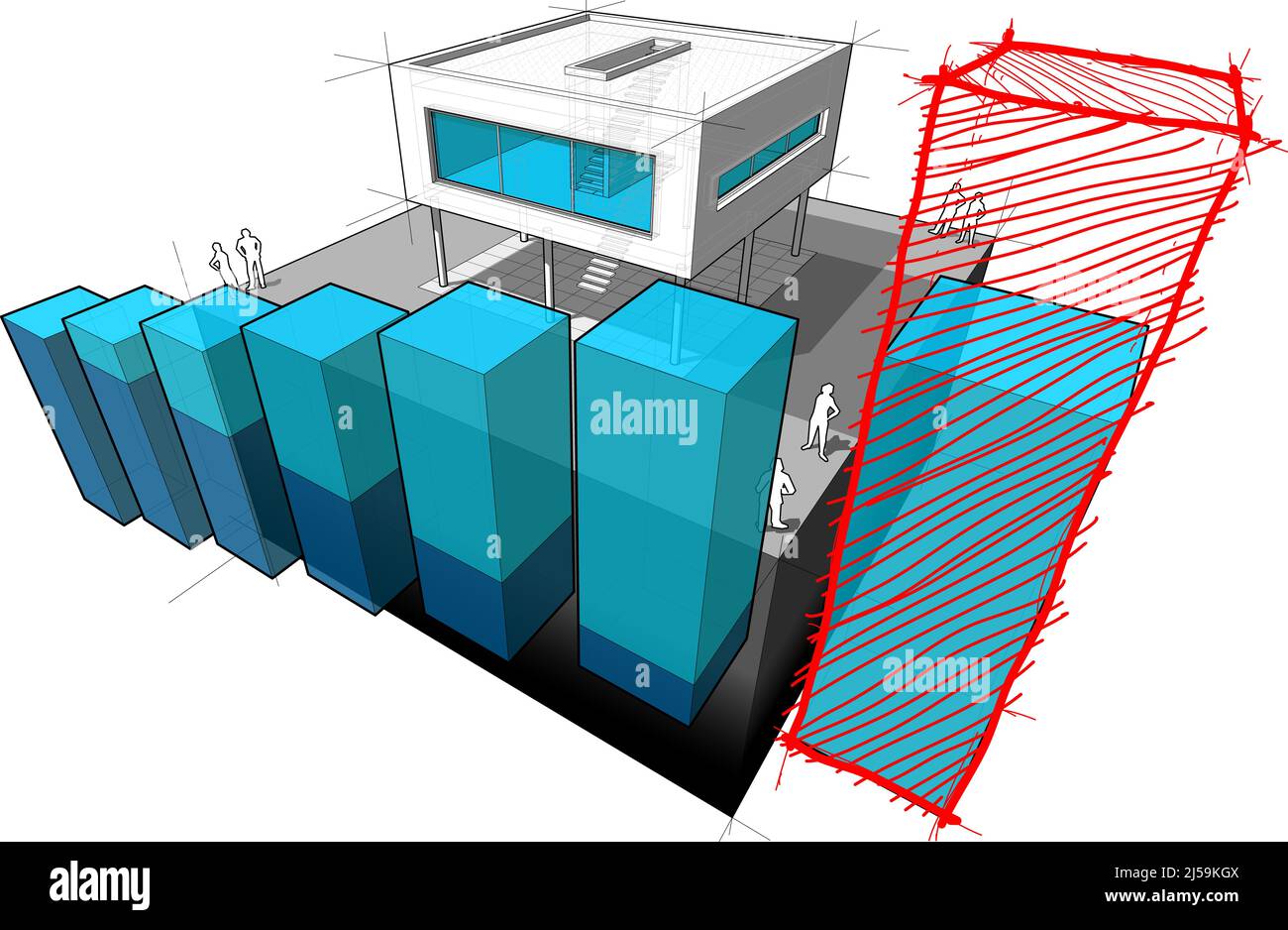 Diagramm eines modernen Hauses mit aufsteigendem abstrakten Geschäftsdiagramm und handgezeichneter Skizze über der letzten Diagrammleiste Stockfoto