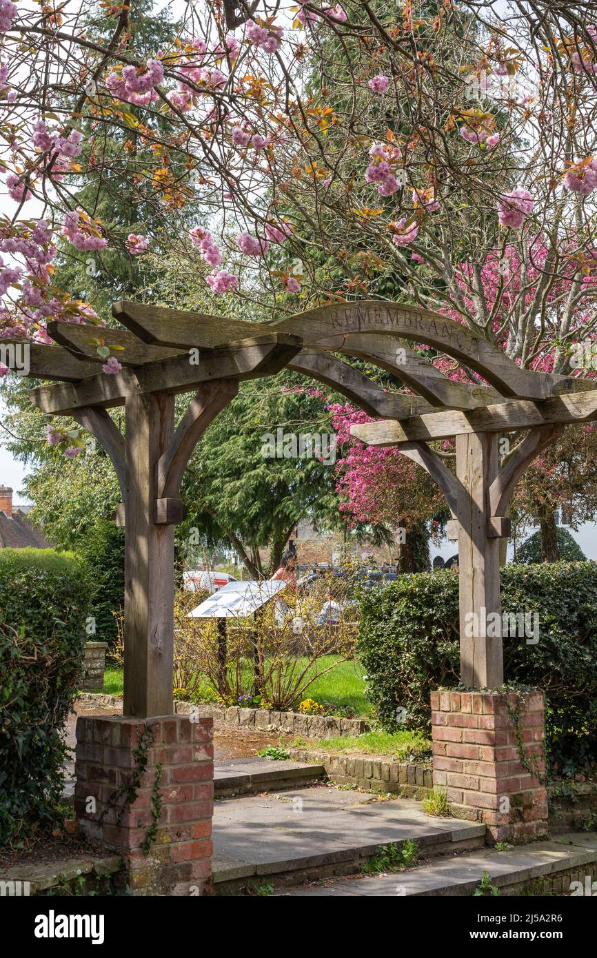 Church Square WWII Remembrance Garden im Frühling mit rosa Blüten - Erinnerung ist in den hölzernen gewölbten Eingang geschnitzt. Basingstoke, England Stockfoto