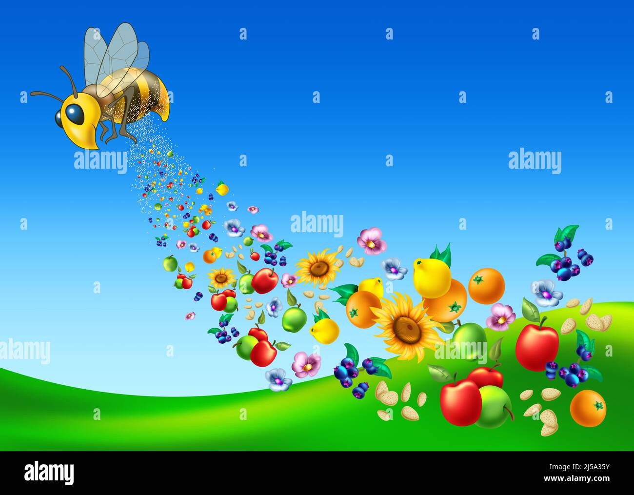 Die Biene verbreitet Blütenpollen und produziert Früchte und Walnüsse. Honigbienen bestäubende Pflanzen. Bienenbestäubung , Nachhaltigkeit, biologische Vielfalt der Erde COP15 Stockfoto