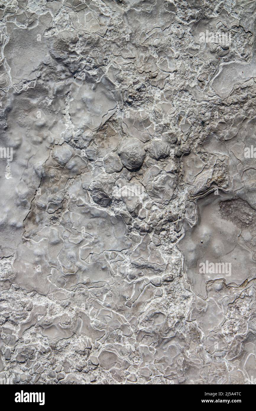 Steinstruktur mit Kalziumablagerungen bedeckt. Pamukale-Textur. Grauer Hintergrund. Stockfoto