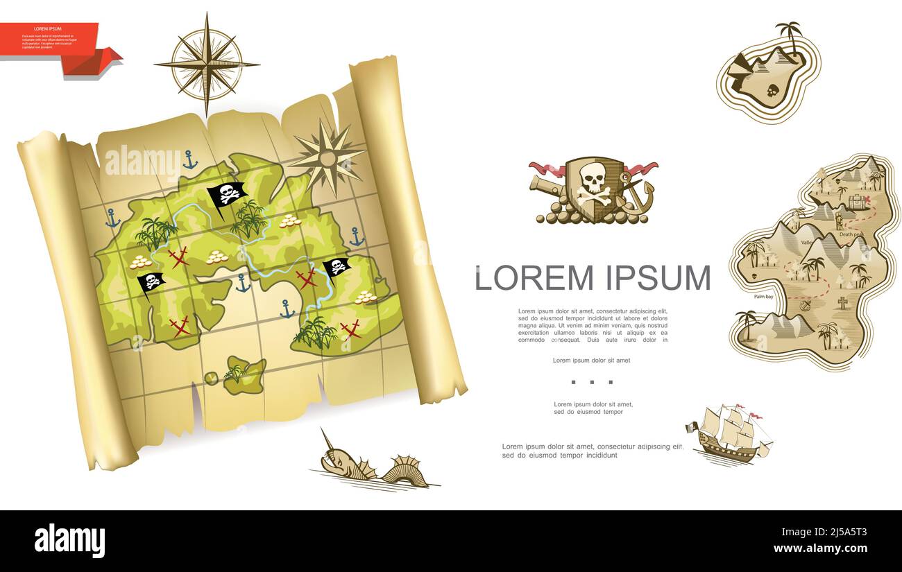 Bunte Schätze Hintergrund mit Piraten Karte Emblem Kanone Kompass Wind Rose Meer Monster Schiff unbewohnten Insel Vektor Illustration Stock Vektor