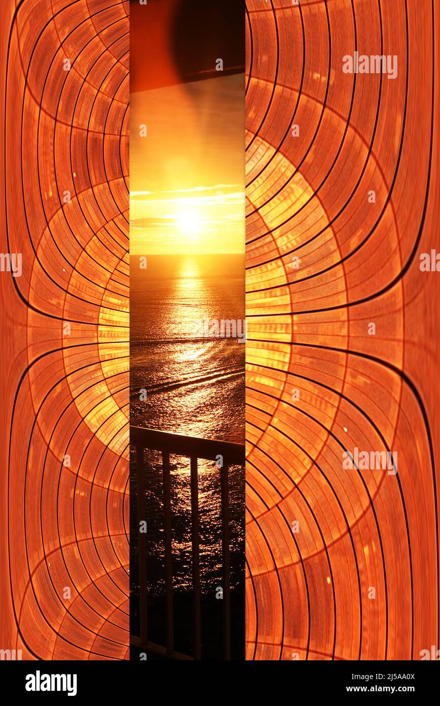 ESCAPE ROOM: Kosmischer Eingang zu den wunderschönen Sonnenaufgängen der Welt, der durch die Augen eines außerirdischen Wesens gesehen wird. Stockfoto