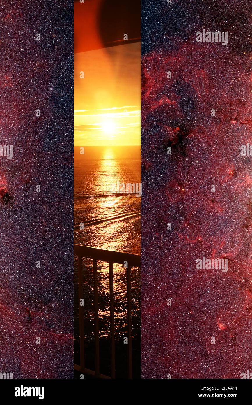 ESCAPE ROOM: Kosmischer Eingang zu den wunderschönen Sonnenaufgängen der Welt, der durch die Augen eines außerirdischen Wesens gesehen wird. Stockfoto