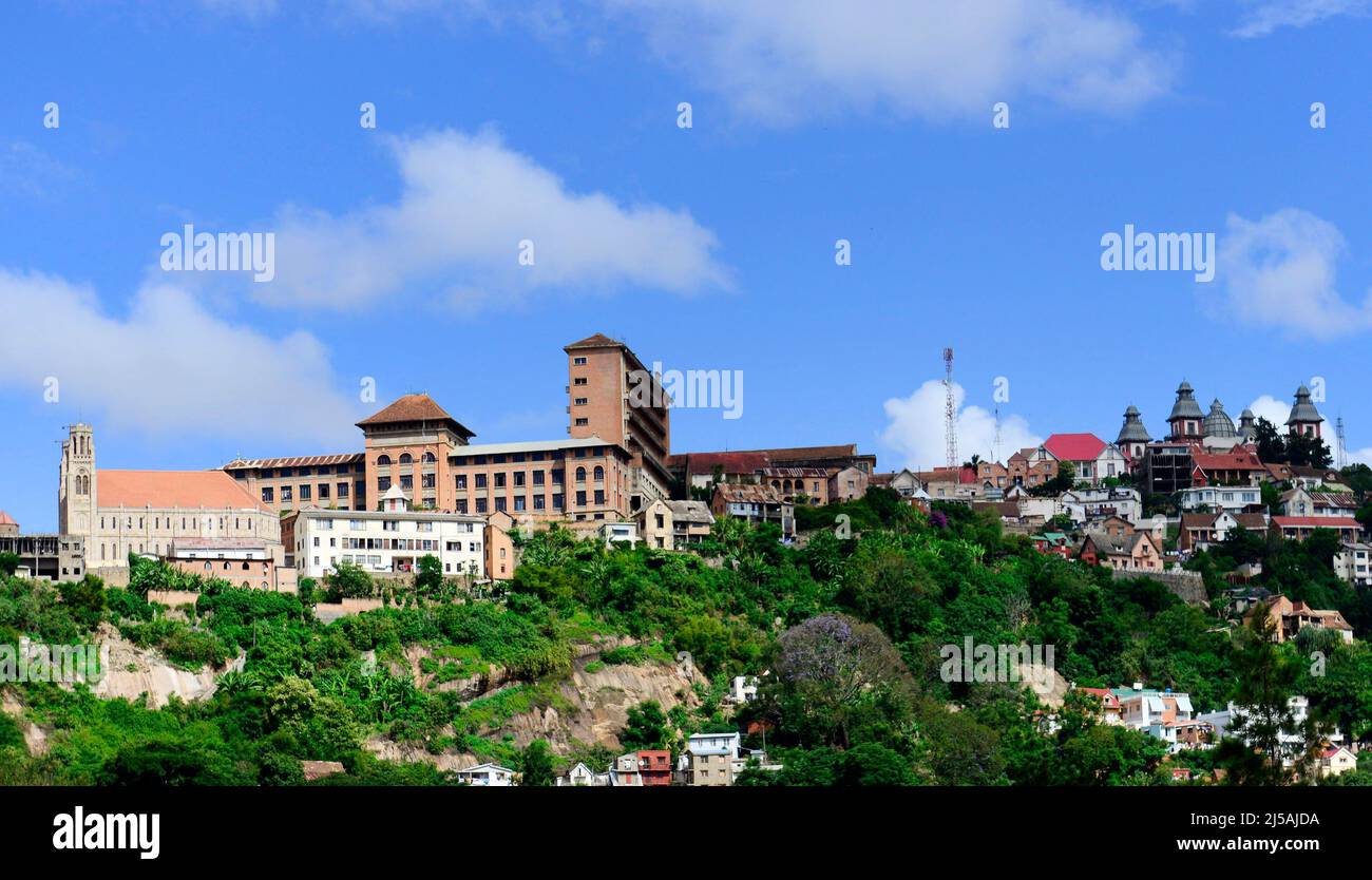 Ansicht der oberen hügeligen Viertel in Antananarivo, Madagaskar. Stockfoto