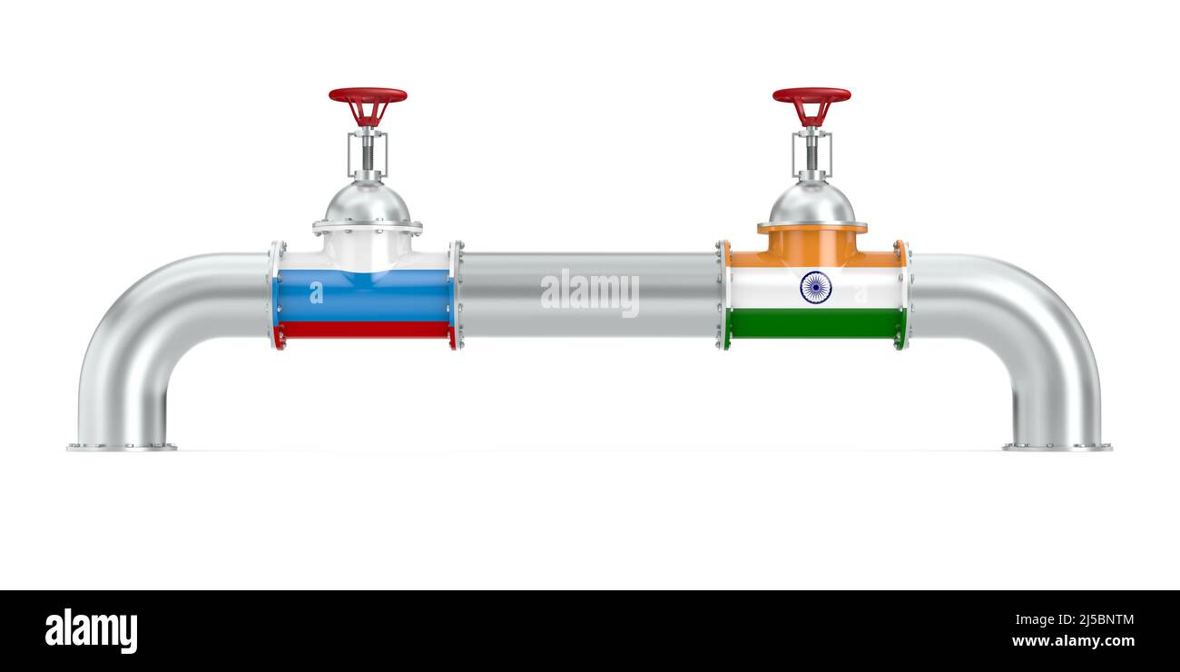 Pipeline zwischen Russland und Indien auf weißem Hintergrund. Isolierte 3D-Abbildung Stockfoto
