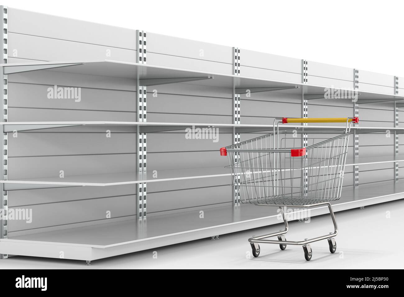 Leere Regale und Warenkorb auf weißem Hintergrund. Isolierte 3D-Darstellung Stockfoto