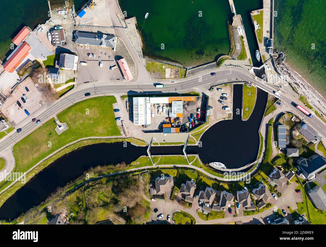 Luftaufnahme von Ardrishaig am Beginn des Crinan Canal am Loch Gilp in Argyll and Bute, Schottland, Großbritannien Stockfoto