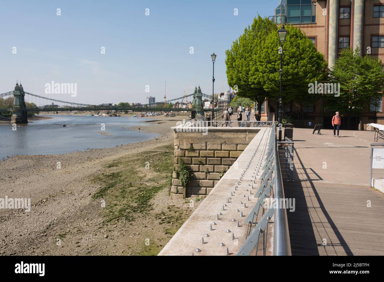 Krankenhausarchitektur, die von der Berkeley Group installiert wurde, um Menschen daran zu hindern, an der Flussmauer von Fulham Reach zwischen Hammersmith und Fulham zu sitzen Stockfoto