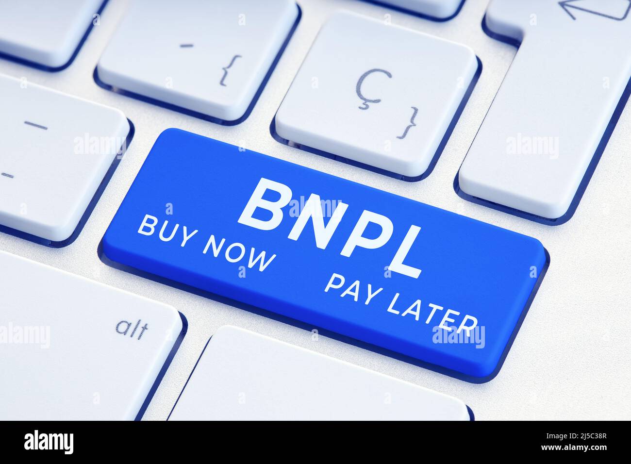 BNPL oder kaufen Sie jetzt zahlen später Nachricht auf blauen Computer-Tastatur-Taste Stockfoto
