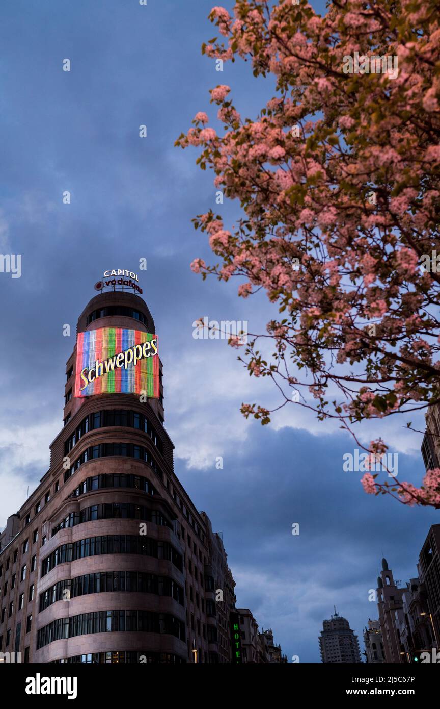 Beliebtes Carrion-Gebäude mit Schweppes-Werbung bei Nacht in Gran Via, Madrid, Spanien Stockfoto