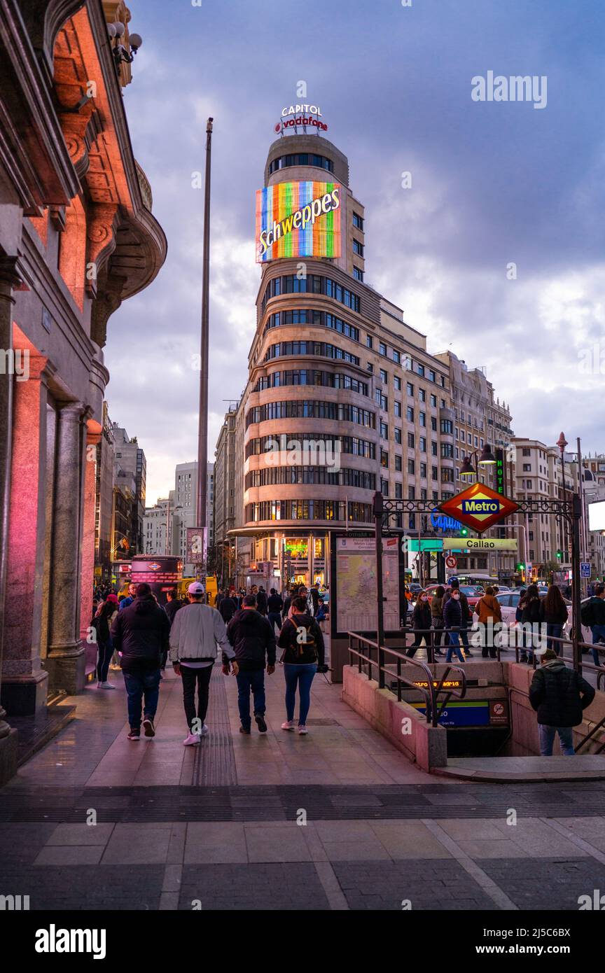 Gran Via und Carrion Building in Madrid, Spanien Stockfoto