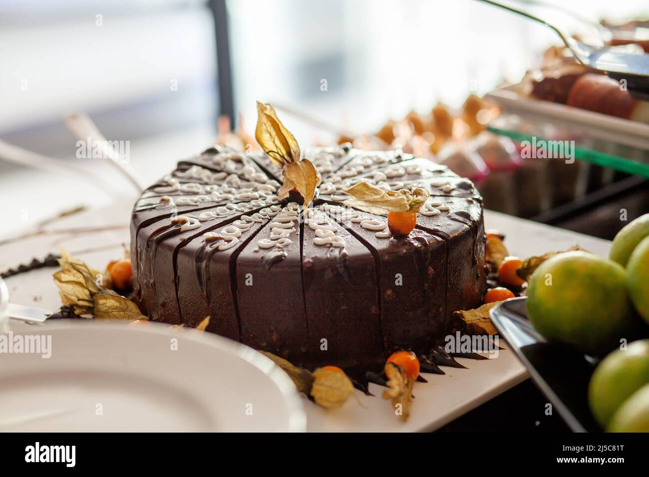Sacher-Kuchen. Desserttisch in einem türkischen Hotel. Verschiedene Kuchen und Süßigkeiten am Buffet. Stockfoto