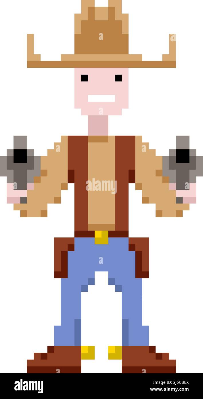 Pixel Art Cowboy hält eine Waffe, Vektor-Illustration Stock Vektor