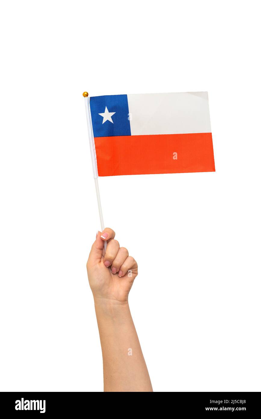 Weibliche Hand mit chilenischer Flagge, isoliert auf weißem Hintergrund Stockfoto