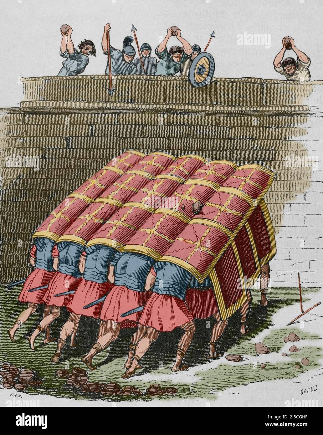 Römisches Reich. Römische Legionen in der Testudo- oder Schildkrötenformation. Gravur von Capuz. Spätere Färbung. Historia General de España von Pater Mariana. Madrid, 1852. Stockfoto