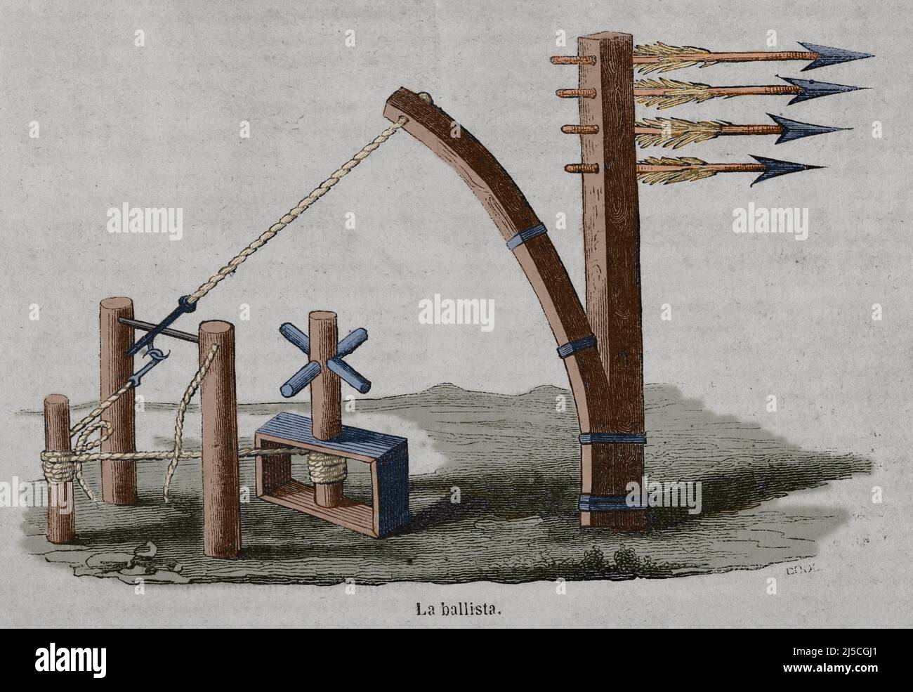 Uralte Zeiten. Die Ballista- oder Bolzenwerfer. Uralte Belagerungs-Waffe, die Pfeile, Pfeile und Javelins auf weit entfernte Ziele warf. Gravur. Spätere Färbung. Historia General de España von Pater Mariana. Madrid, 1852. Stockfoto