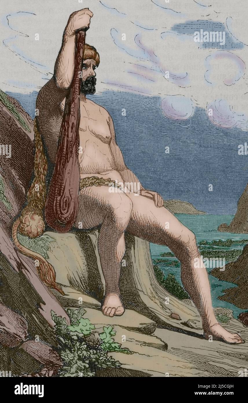 Herkules (römische Mythologie) oder Herakles (griechische Mythologie). Held der klassischen Mythologie. Gravur. Spätere Färbung. Historia General de España von Pater Mariana. Madrid, 1852. Stockfoto