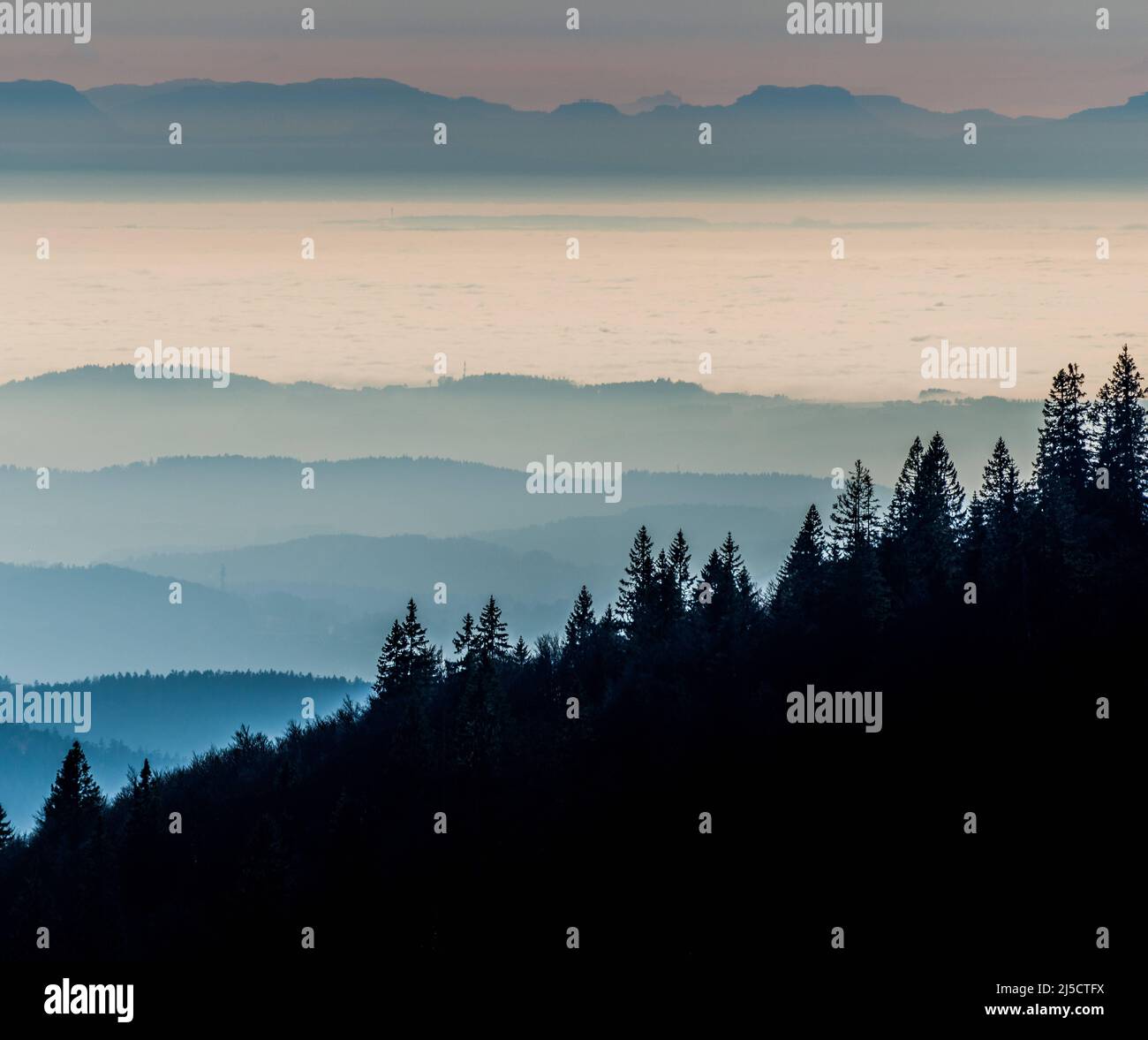 Der Steinfleckberg liegt in der weitesten und vielleicht wildesten Ecke des Nationalparks Bayerischer Wald. Der Einstieg in die Wanderwege ist nur für gut drei Monate im Jahr erlaubt. Vor allem im Herbst bietet sich Wanderern ein herrlicher Blick über den Bayerischen Wald bis hin zu den Alpen. Die Tiefebene ist unter einer dichten Nebeldecke verborgen. [Automatisierte Übersetzung] Stockfoto