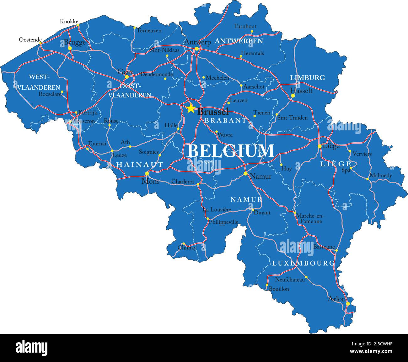 Sehr detaillierte Vektorkarte von Belgien mit Verwaltungsregionen, Hauptstädten und Straßen. Stock Vektor
