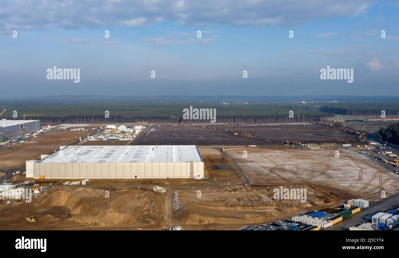 Gruenheide, DEU, 26.01.2021 - Luftaufnahme der Baustelle Tesla Gigafactory 4 im Stadtteil Freienbrink von Gruenheide. Im Hintergrund sind weitere Waldlichtungen zu sehen. Die Gigafactory soll im Juli 2021 mit der Produktion von Tesla-Fahrzeugen beginnen. [Automatisierte Übersetzung] Stockfoto