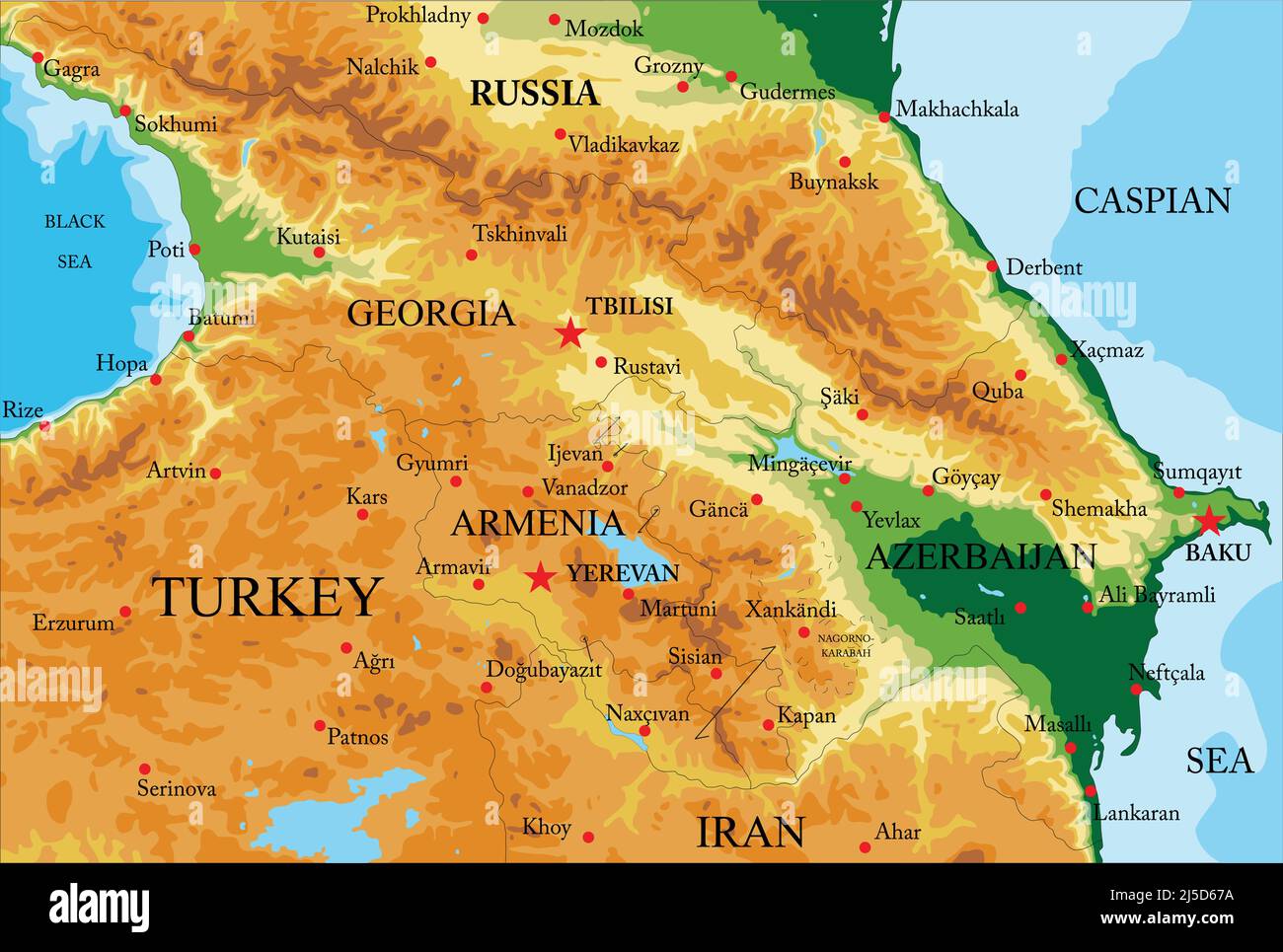 Sehr detaillierte physische Karte des Kaukasus, im Vektorformat, mit allen Reliefformen, Ländern und großen Städten Stock Vektor