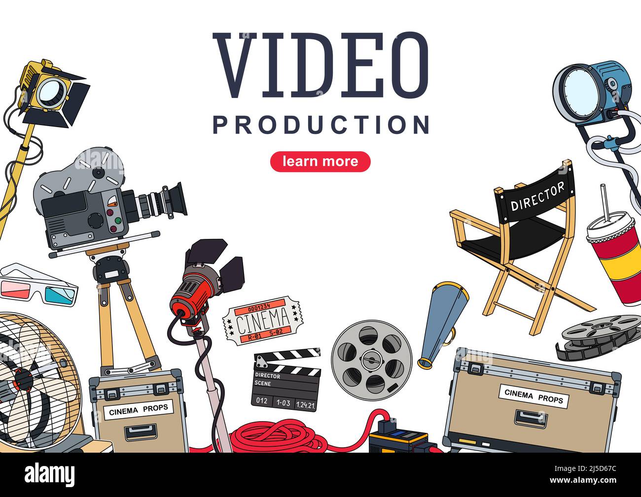 Videoproduktion. Hintergrunddesign mit einer Reihe von Geräten und Werkzeugen für die Filmproduktion und die Erstellung von Videoinhalten. Vektorgrafik Stock Vektor
