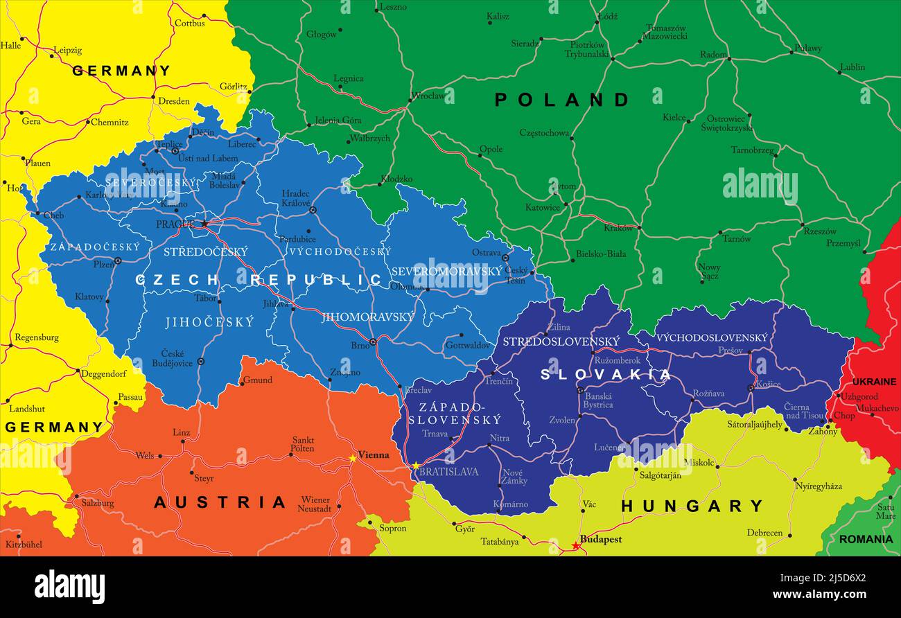 Hochdetaillierte Vektorkarte der Tschechischen und Slowakischen Republik mit Verwaltungsregionen, Hauptstädten und Straßen. Stock Vektor