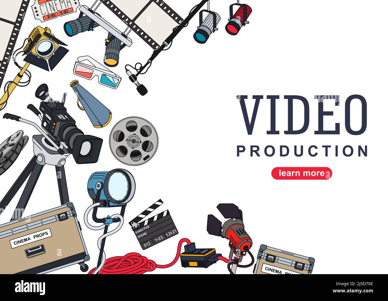 Videoproduktion. Hintergrunddesign mit einer Reihe von Geräten und Werkzeugen für die Filmproduktion und die Erstellung von Videoinhalten. Vektorgrafik Stock Vektor