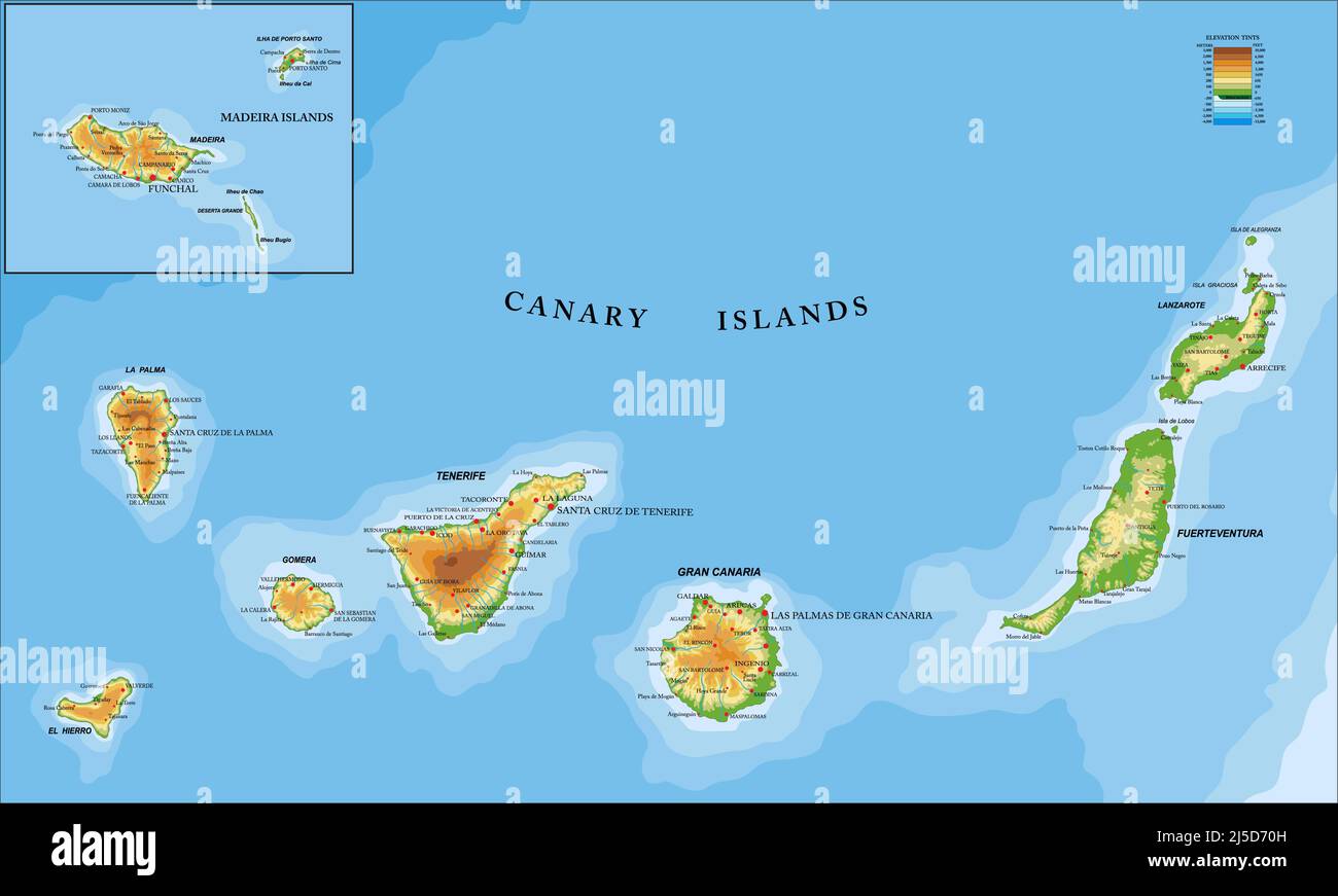 Sehr detaillierte physische Karte der Kanarischen und Madeira Inseln, im Vektorformat, mit allen Reliefformen, Regionen und großen Städten. Stock Vektor