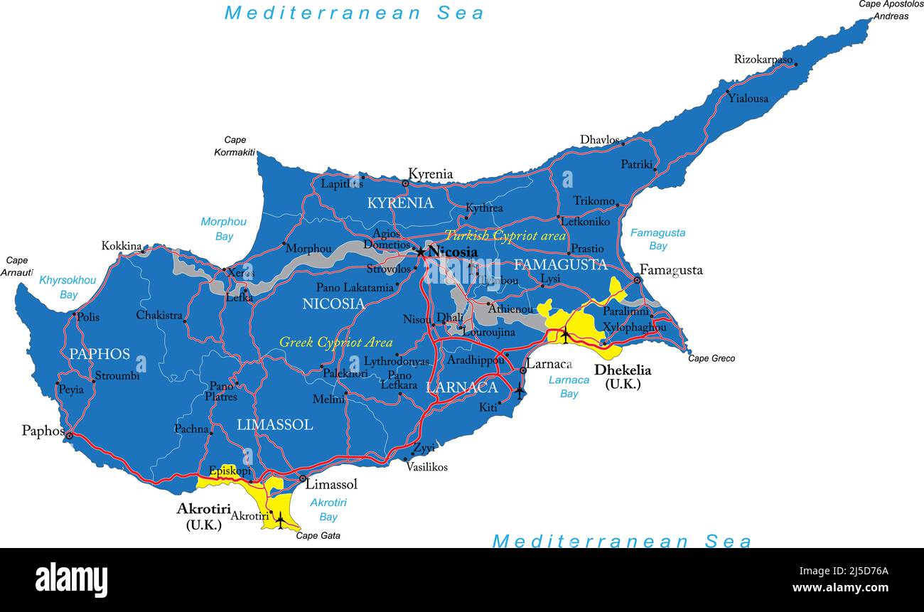 Sehr detaillierte Vektorkarte von Zypern mit Verwaltungsregionen, Hauptstädten und Straßen. Stock Vektor