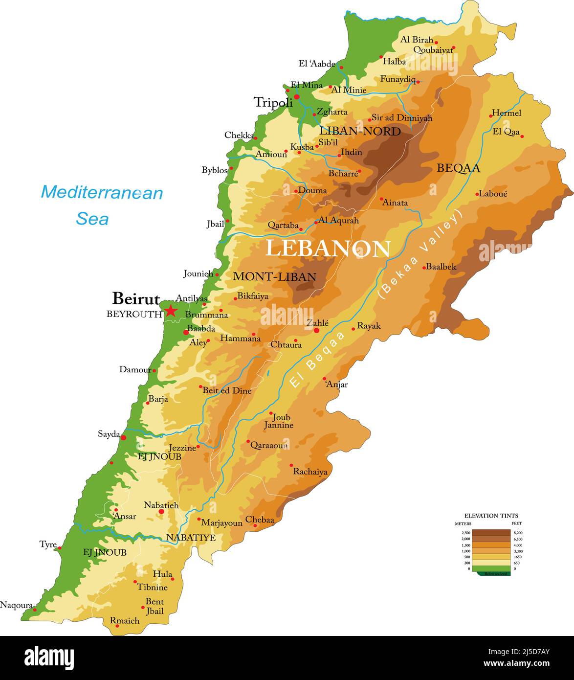 Hochdetaillierte physische Karte des Libanon, im Vektorformat, mit allen Reliefformen, Regionen und großen Städten. Stock Vektor