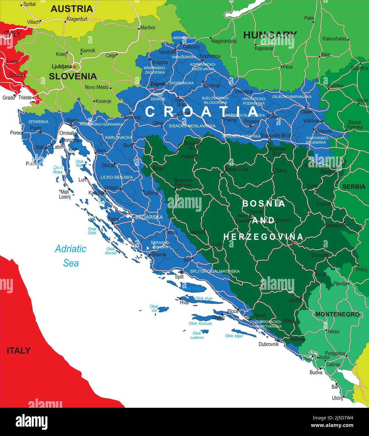 Sehr detaillierte Vektorkarte von Kroatien mit Verwaltungsregionen, Hauptstädten und Straßen. Stock Vektor