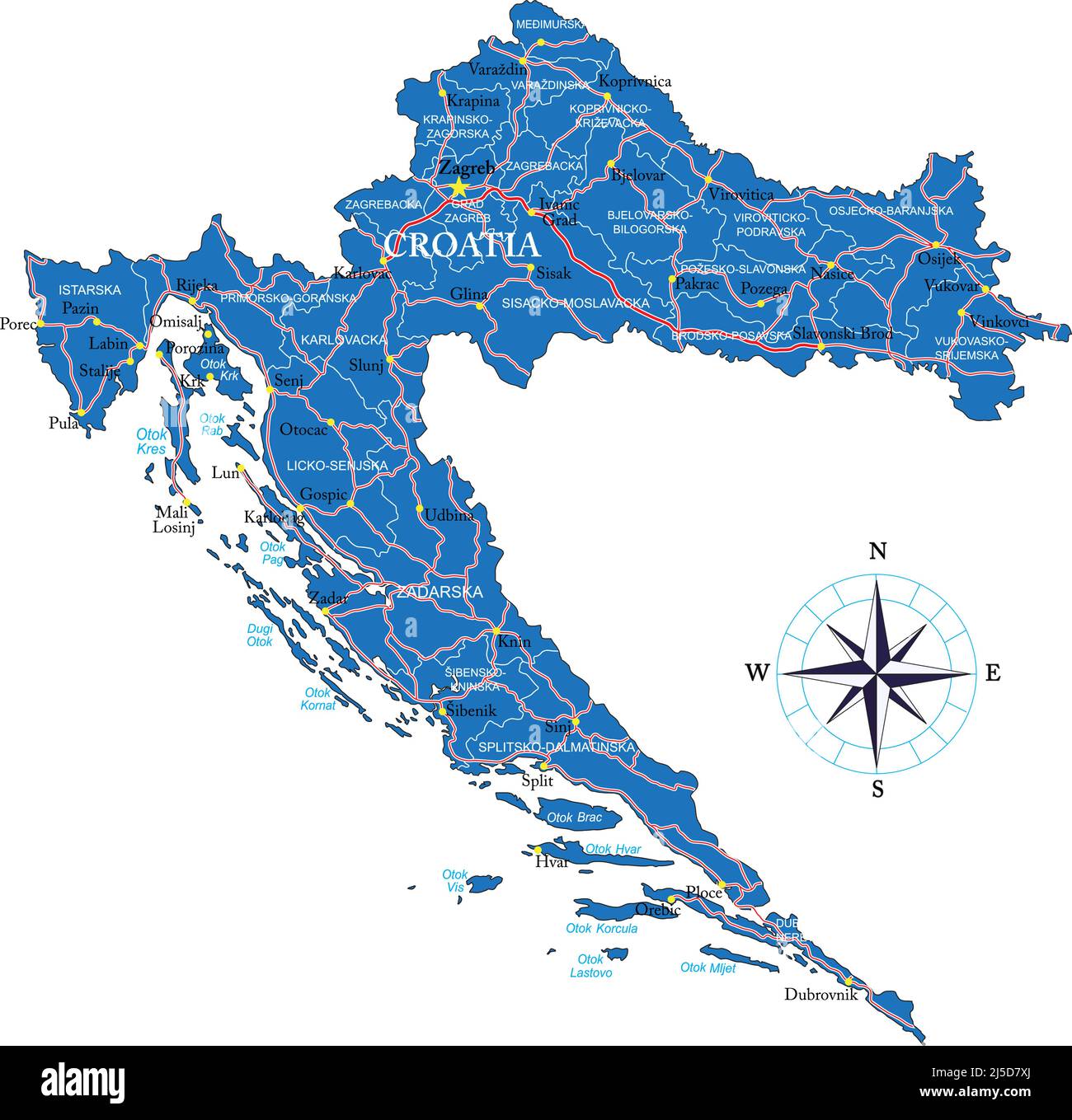 Sehr detaillierte Vektorkarte von Kroatien mit Verwaltungsregionen, Hauptstädten und Straßen. Stock Vektor