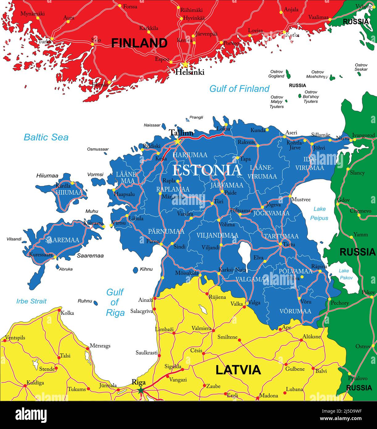 Sehr detaillierte Vektorkarte von Lettland mit Verwaltungsgebieten, Hauptstädten und Straßen Stock Vektor