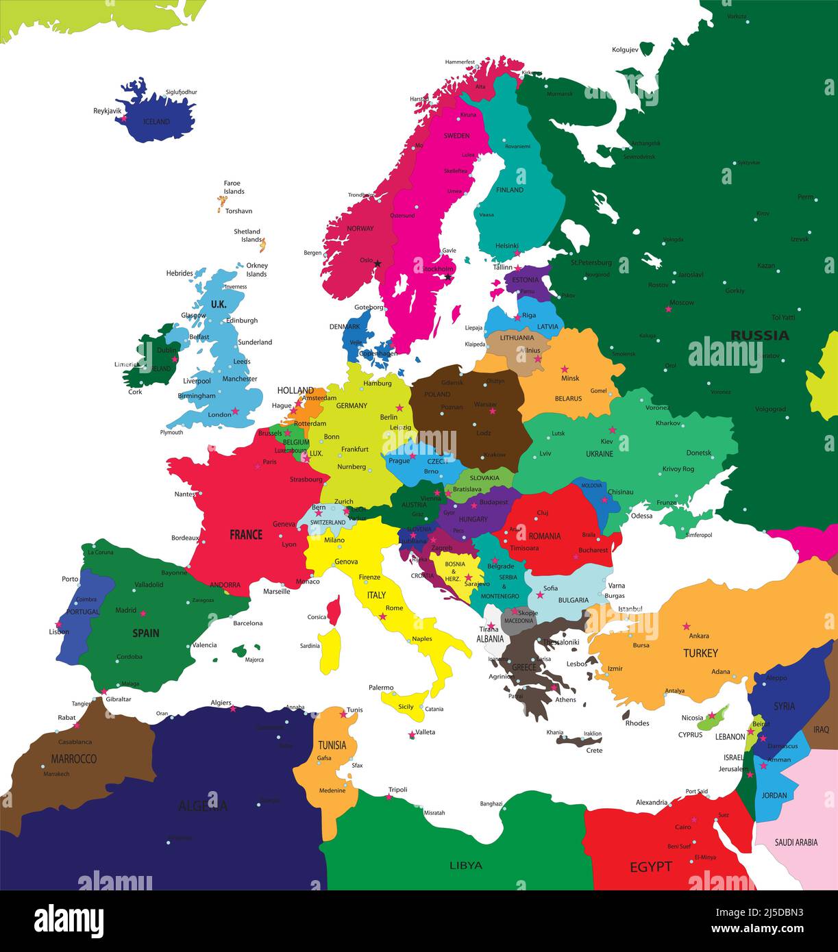 Sehr detaillierte politische Karte von Europa im Vektorformat, mit allen Ländern und großen Städten.“ Stock Vektor