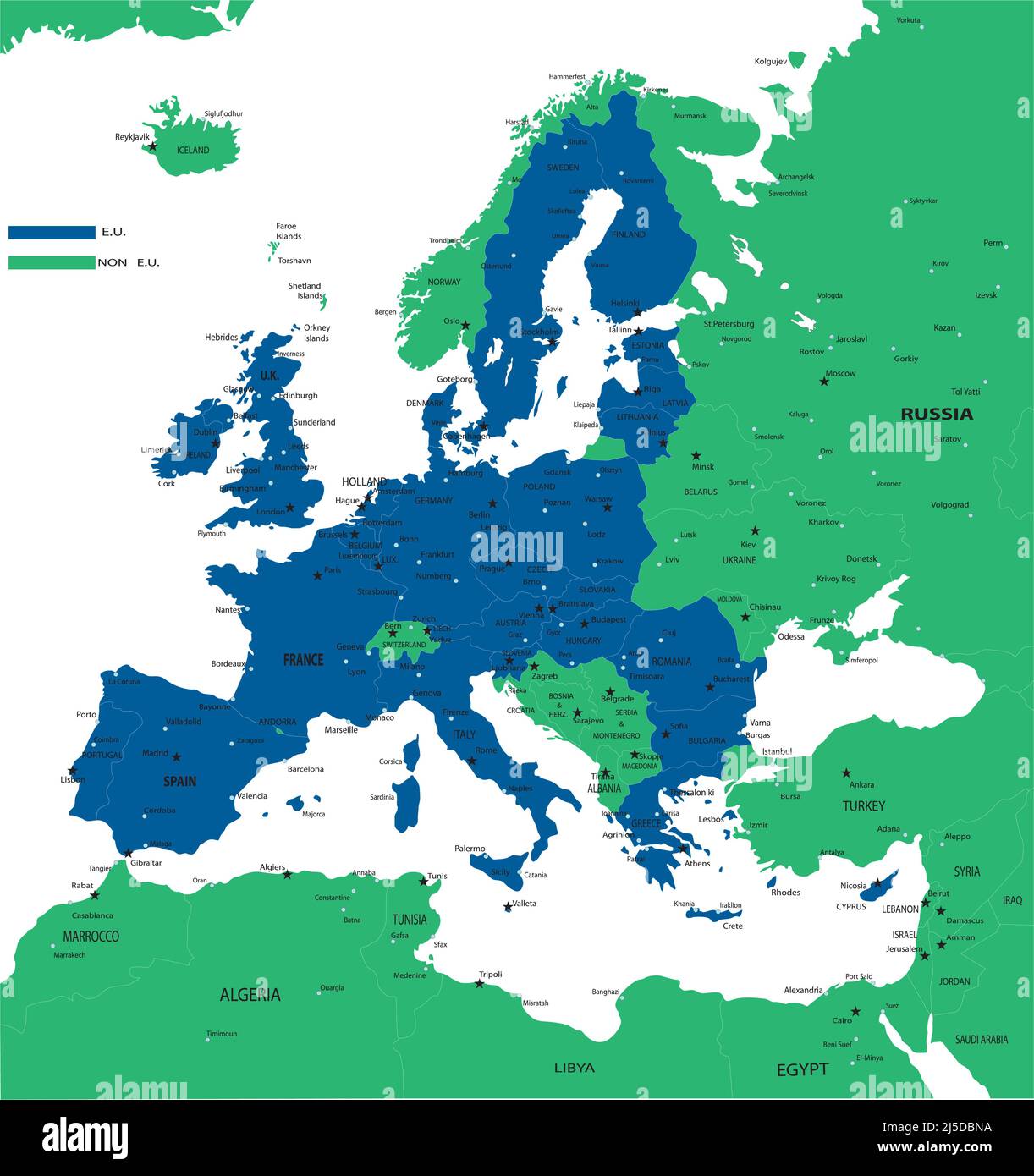 Sehr detaillierte politische Karte von Europa im Vektorformat, mit allen großen Städten mit Unterscheidung zwischen Mitgliedern der Europäischen Union und Nichtmitgliedern. Stock Vektor