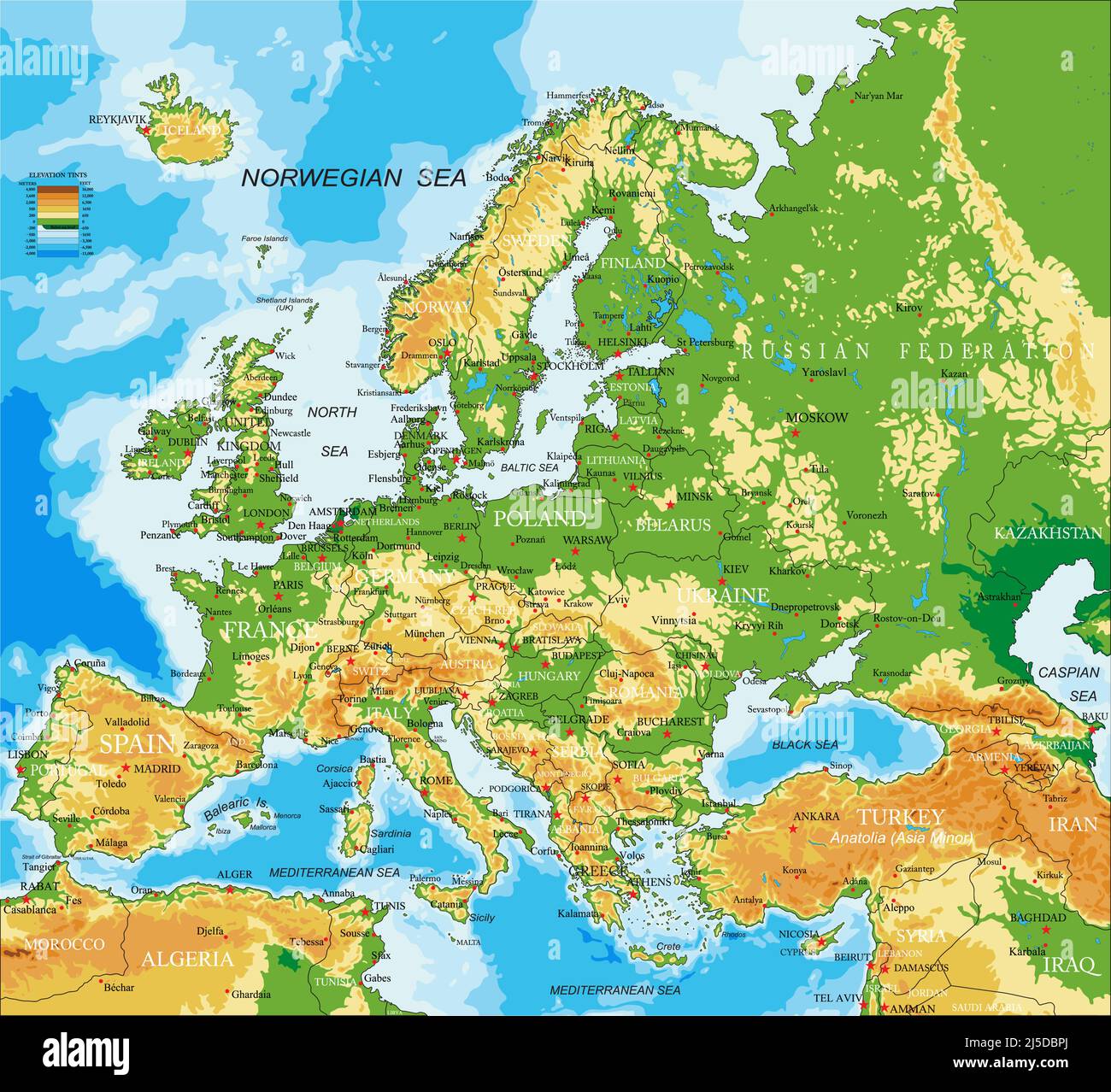 Sehr detaillierte physische Karte von Europa, im Vektorformat, mit allen Reliefformen, Ländern und großen Städten. Stock Vektor