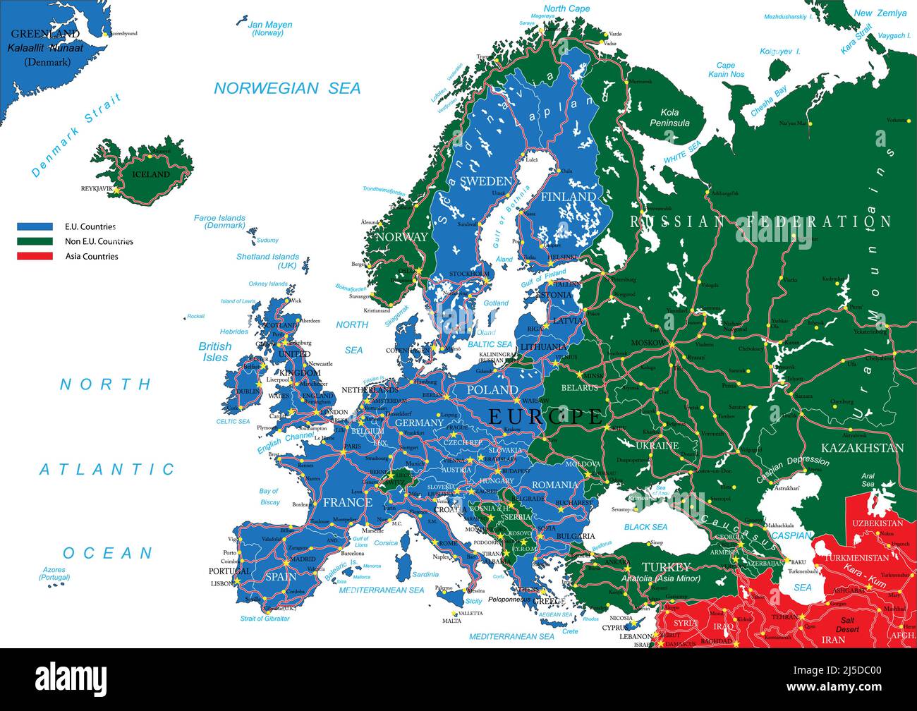 Hochdetaillierte Vektorkarte von Europa mit Ländern, Hauptstädten und Straßen. Stock Vektor