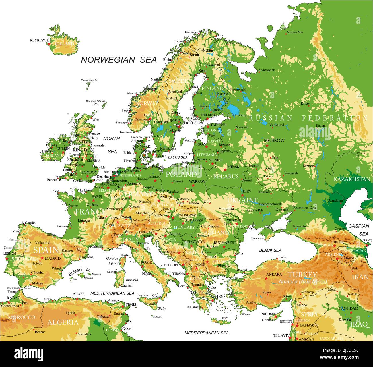 Sehr detaillierte physische Karte von Europa, im Vektorformat, mit allen Reliefformen, Ländern und großen Städten. Stock Vektor