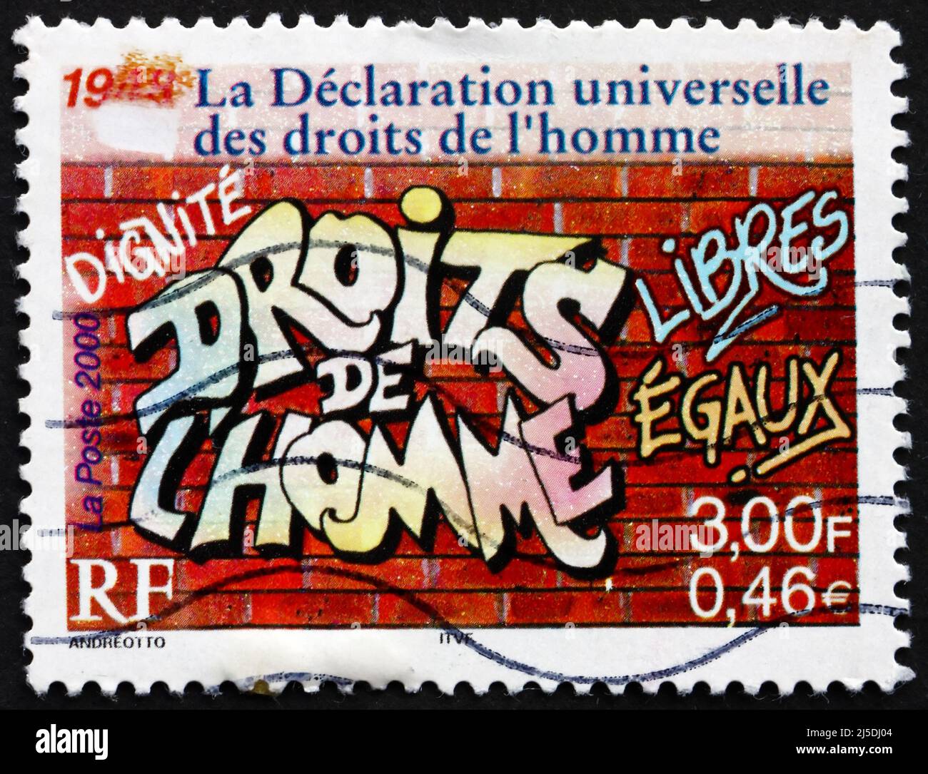 FRANKREICH - UM 2000: Eine in Frankreich gedruckte Marke zeigt die Allgemeine Erklärung der Menschenrechte, 1948, Graffiti on the Wall, um 2000 Stockfoto