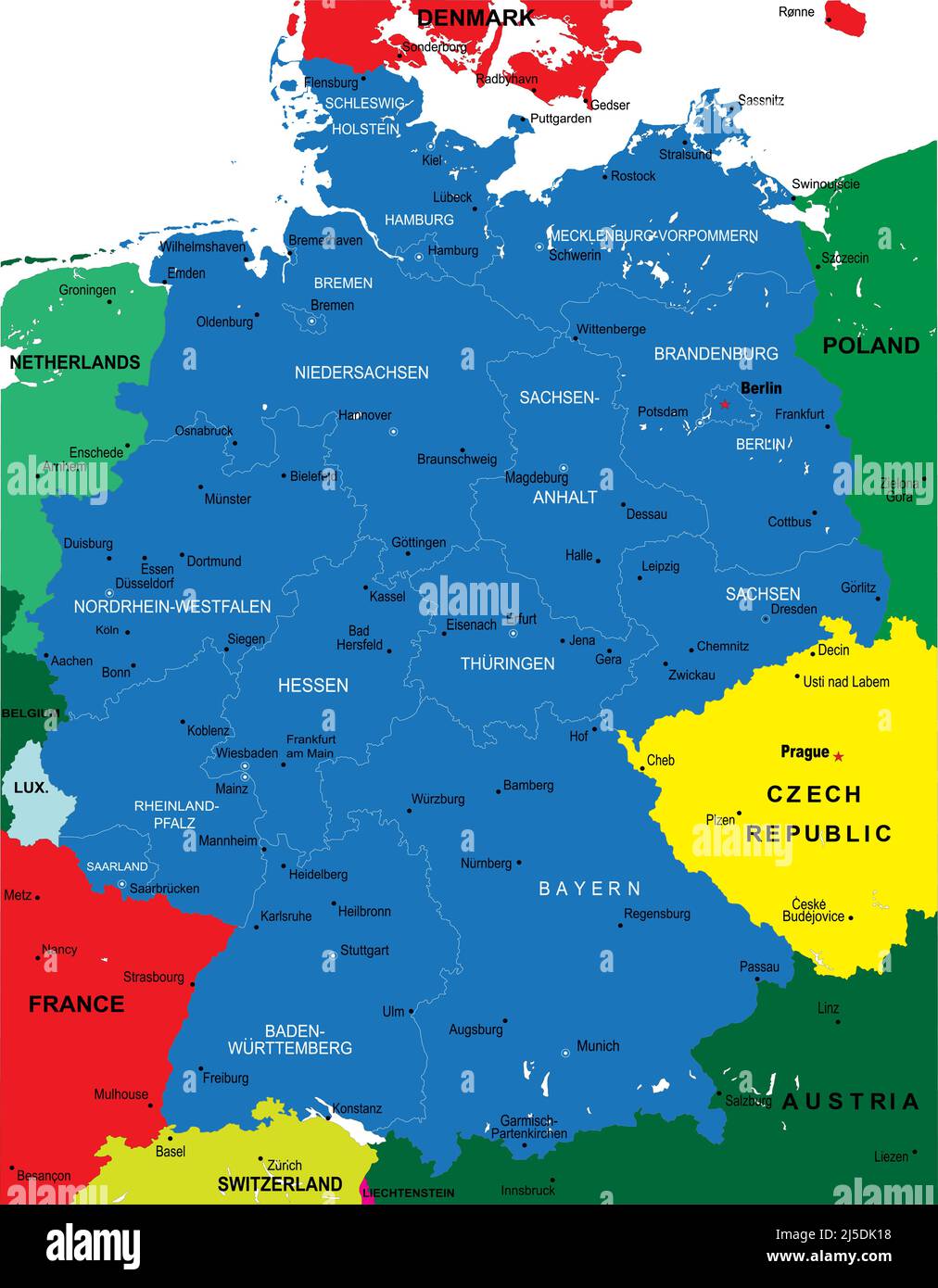 Sehr detaillierte Vektorkarte von Deutschland mit Verwaltungsregionen, Hauptstädten und Straßen Stock Vektor