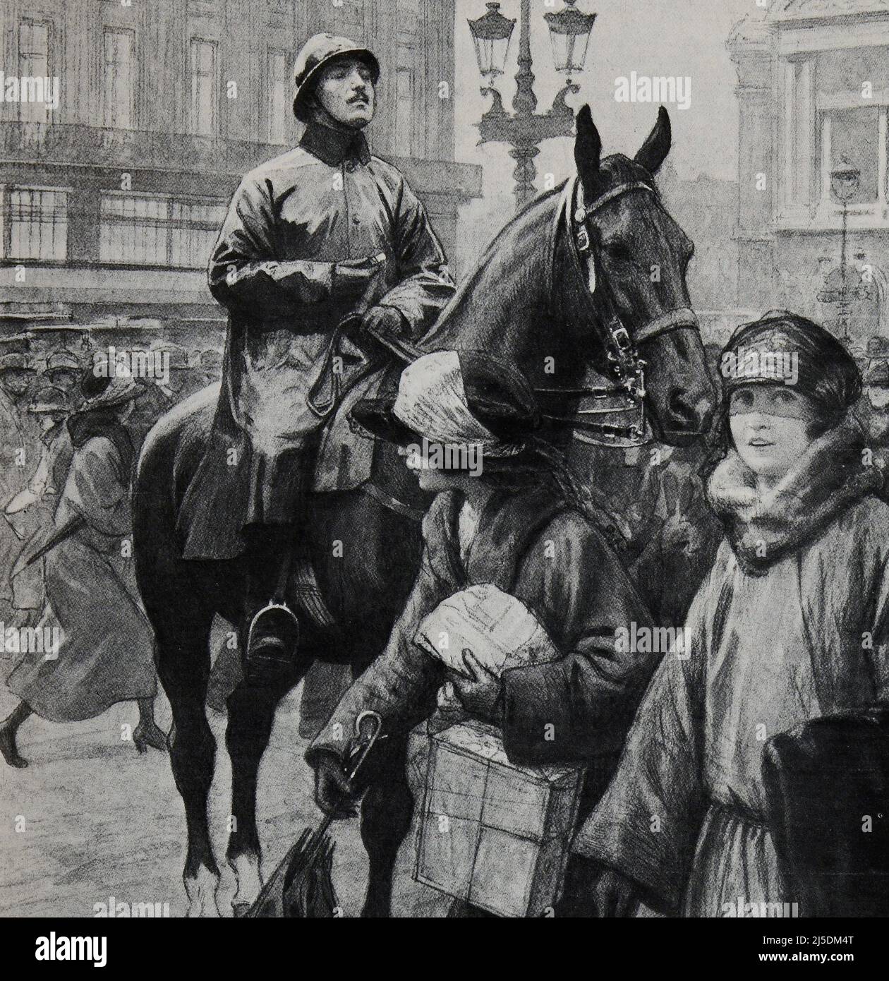 Eng translation : ' Eine NEUE SILHOUETTE VON PARIS: DER OFFIZIER AUF DEM PFERDERÜCKEN Place de l'Opéra, zwischen den beiden großen Refugien, dominiert ein berittener Brigadier den Verkehrsdienst, den er mit seiner Pfeife befiehlt und die Schlösser manchmal für Autos und manchmal für Fußgänger öffnet. ' - Original in französisch : ' UNE NOUVELLE SILHOUETTE DE PARIS : L'AGENT A CHEVAL Place de l'Opéra, entre les deux grands Refuges, un brigadier monté domine le Service de circulation qu’il commande à coups de sifflet, ouvrant les Écluses tantôt aux voitures et tantôt aux piétons. ' - Auszug aus 'L'Illustration Journal Univer Stockfoto