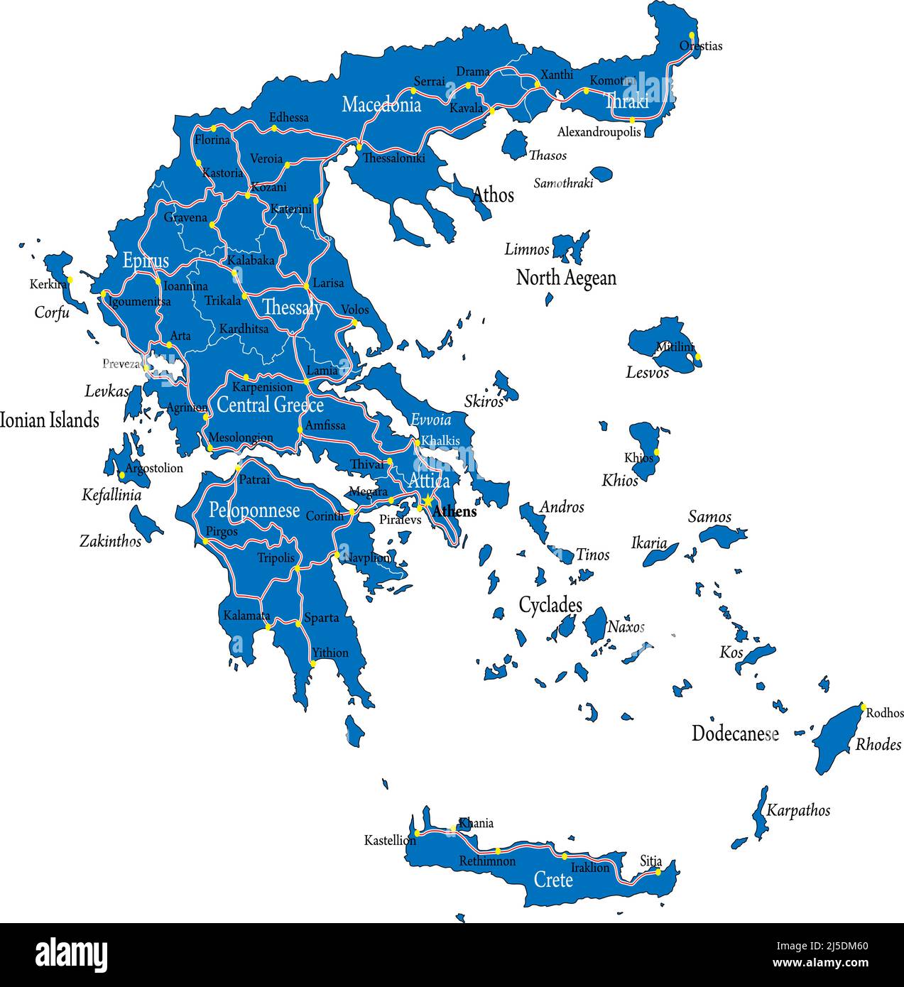 Sehr detaillierte Vektorkarte von Griechenland mit Verwaltungsregionen, Hauptstädten und Straßen Stock Vektor