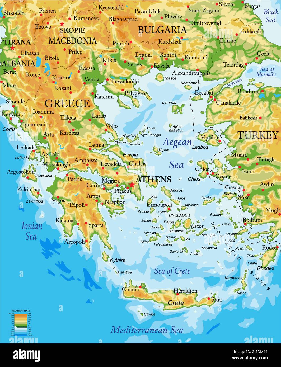 Sehr detaillierte physische Karte von Griechenland, im Vektorformat, mit allen Reliefformen, Regionen und großen Städten. Stock Vektor