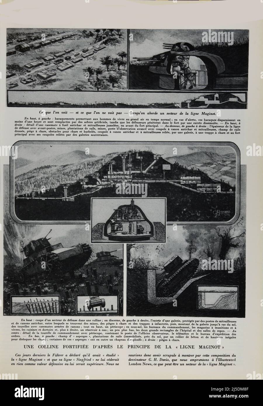 Eng translation : ' Ein BEFESTIGTER HÜGEL NACH DEM PRINZIP der 'MAGINOT-LINIE' ' - Original in französisch : ' UNE COLLINE FORTIFIÉE D’APRÉS LE PRINCIPE DE LA « LIGNE MAGINOT » ' - Auszug aus 'L'Illustration Journal Universel' - Französisch illustrierte Zeitschrift - 1938 Stockfoto