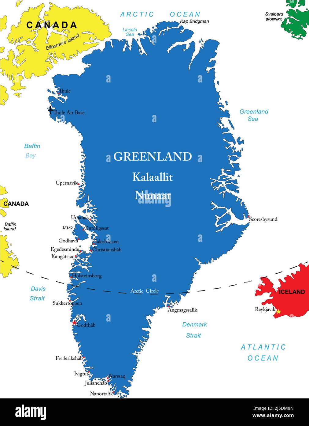 Hochdetaillierte Vektorkarte von Grönland mit Verwaltungsregionen, Hauptstädten. Stock Vektor