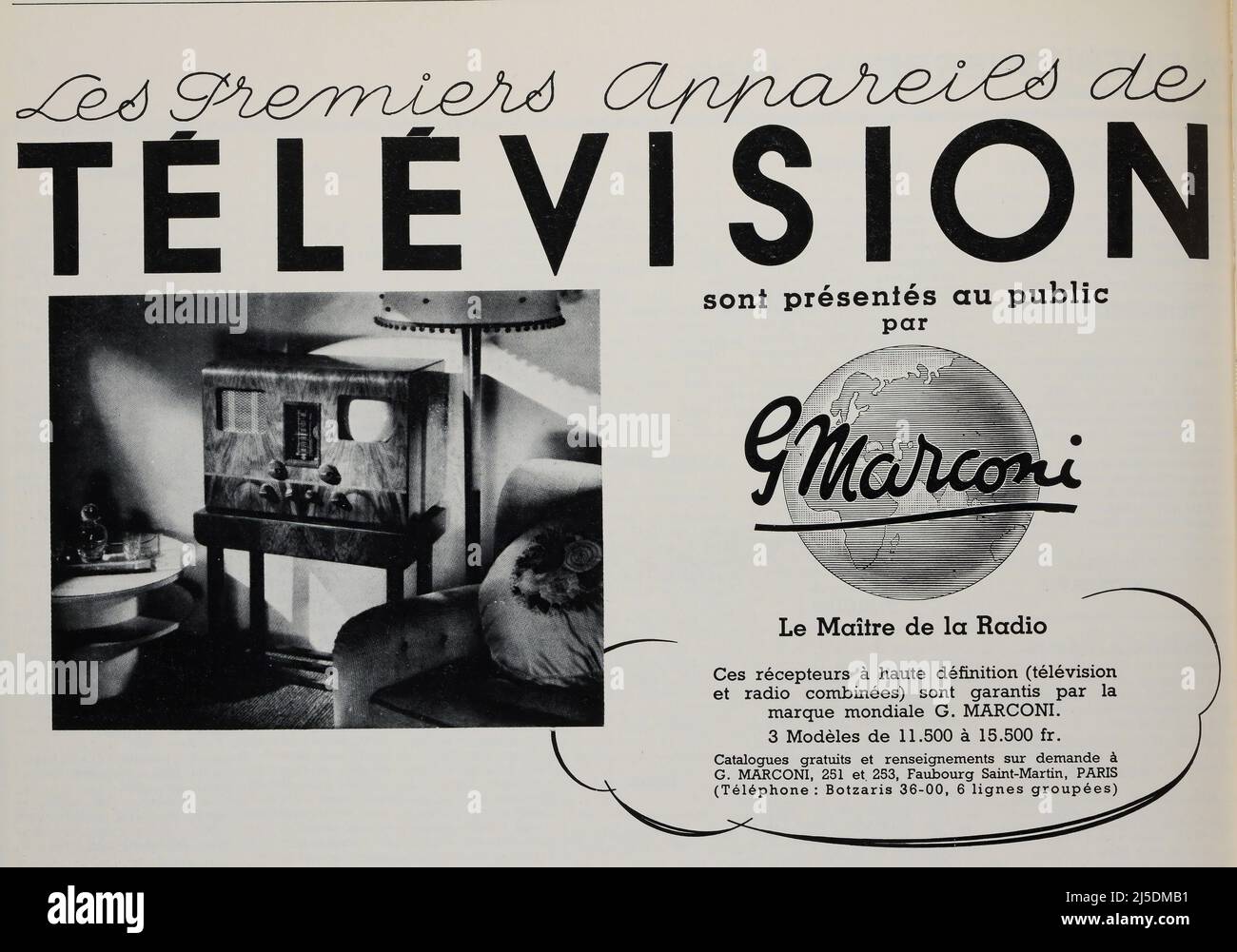 Eng translation : ' DAS ERSTE FERNSEHGERÄT von PATHE MARCONI ' - Original in französisch : ' LES PREMIERS APPAREILS DE TELEVISION PATHE MARCONI ' - Auszug aus 'L'Illustration Journal Universel' - Illustriertes französisches Magazin - 1938 Stockfoto