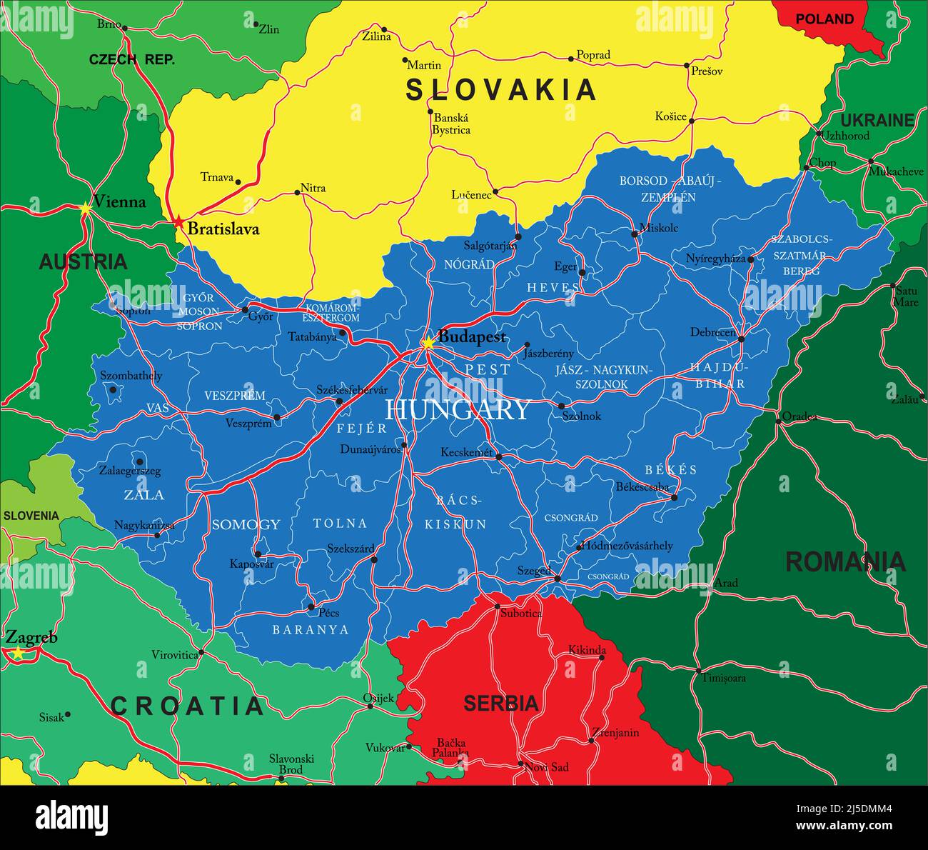 Ungarn – sehr detaillierte politische Landkarte Stock Vektor