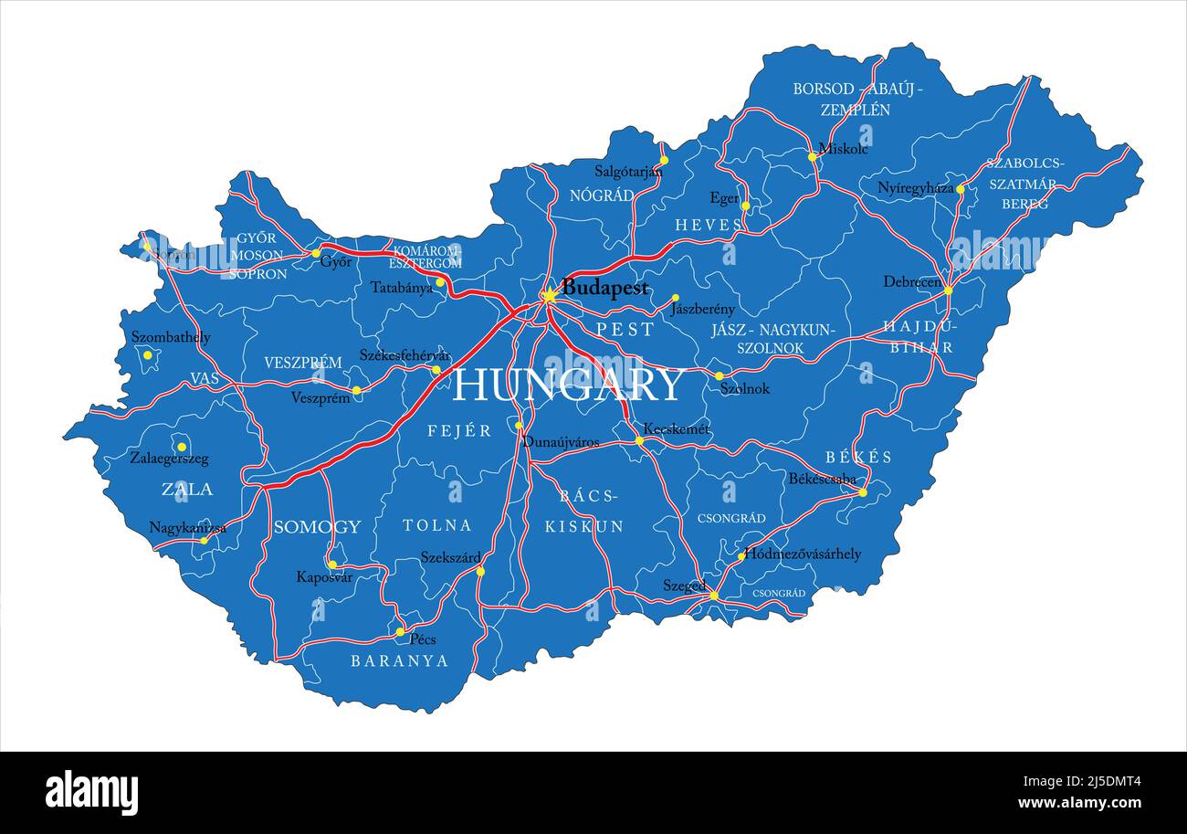 Ungarn - sehr detaillierte Vektorkarte mit Verwaltungsregionen, Hauptstädten und Straßen. Stock Vektor
